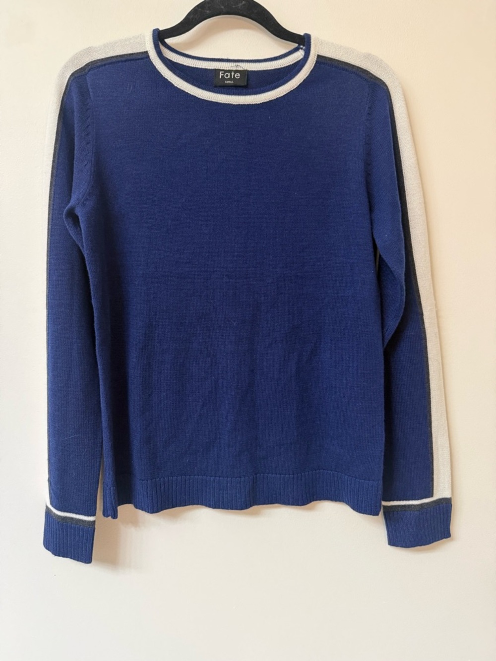 Fate Navy Blue Crewneck Sweater with White & Black Trim Women’s Size Small